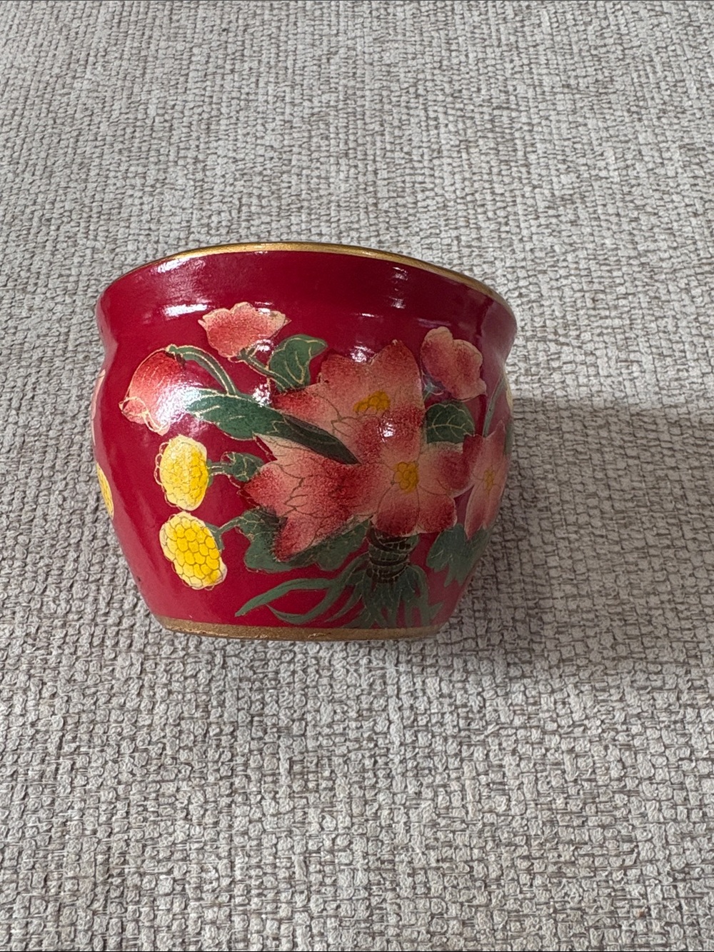 Red Floral Ceramic Planter Pot - Decorative Home Art